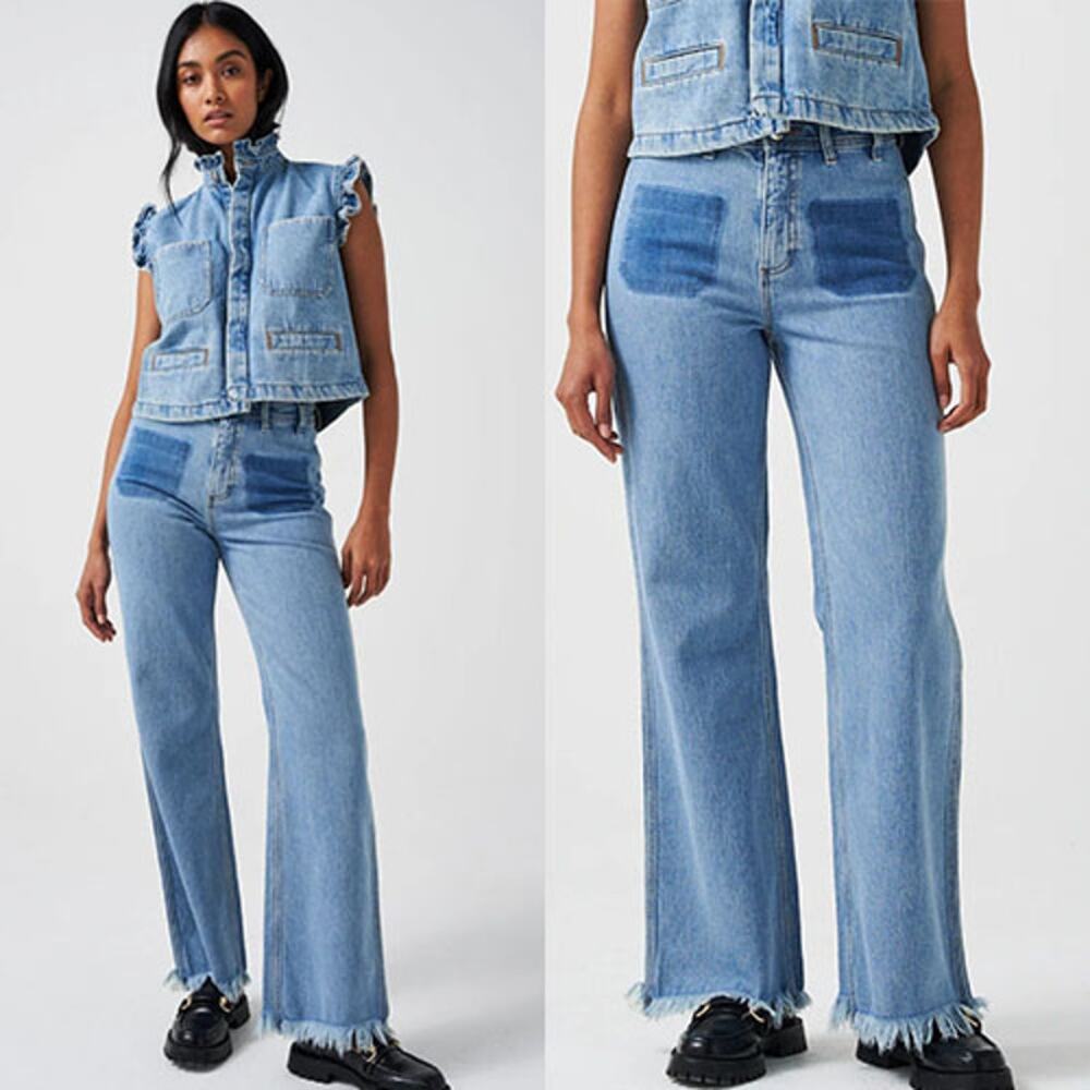 NWT Seventy + Mochi High Rise Mabel Wide Leg Denim Blue Jean with Patch Pocket